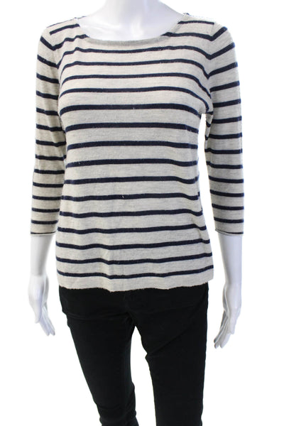 Autumn Cashmere Women Basic Striped Cotton T-Shirt 3/4 Sleeve Beige Size M
