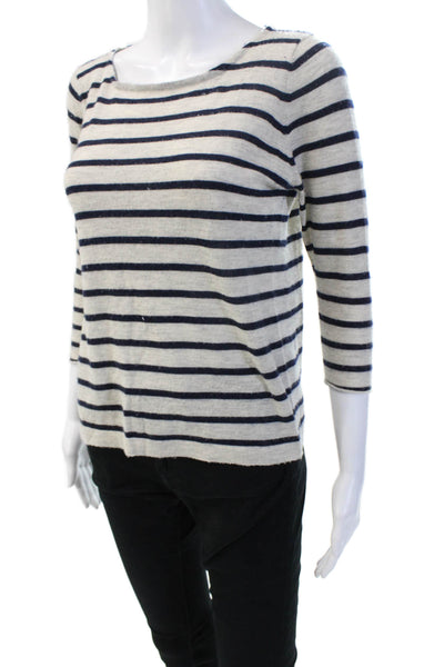 Autumn Cashmere Women Basic Striped Cotton T-Shirt 3/4 Sleeve Beige Size M