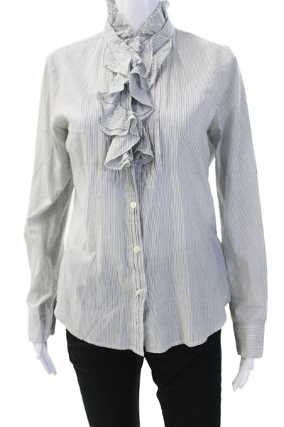 J Crew Women Gray Striped High Neck Button-Up Cotton Blouse Long Sleeve Size M