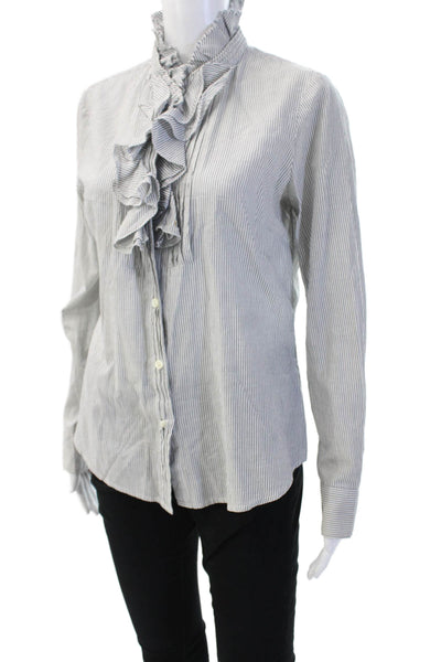 J Crew Women Gray Striped High Neck Button-Up Cotton Blouse Long Sleeve Size M