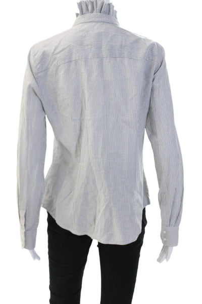 J Crew Women Gray Striped High Neck Button-Up Cotton Blouse Long Sleeve Size M