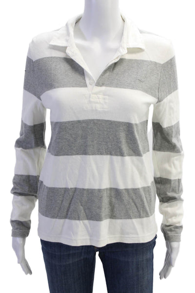 J Crew Women Striped 100% Cotton Collared Long Sleeve Polo Gray Size S
