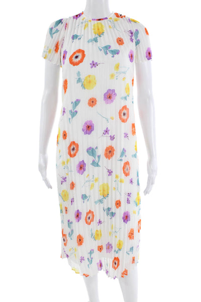 Ann Taylor, Women Shift Dress Long Floral Crew Short Sleeve White Size 2XS