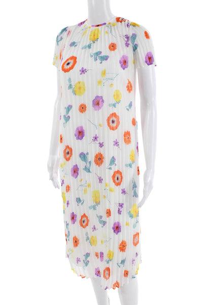 Ann Taylor, Women Shift Dress Long Floral Crew Short Sleeve White Size 2XS
