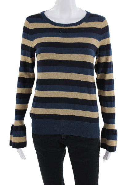 Ann Taylor Womens Striped Crew Neck Long Sleeve Pullover Sweater Beige Size S
