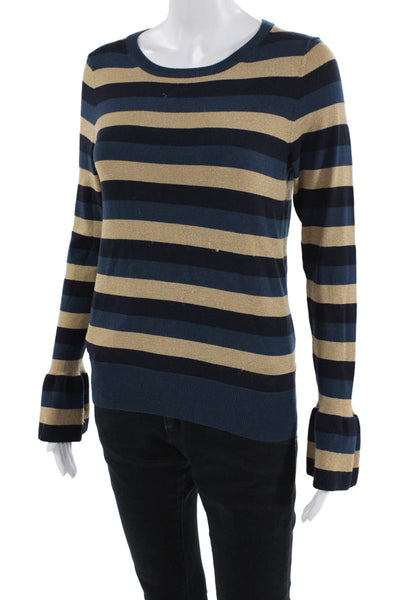 Ann Taylor Womens Striped Crew Neck Long Sleeve Pullover Sweater Beige Size S