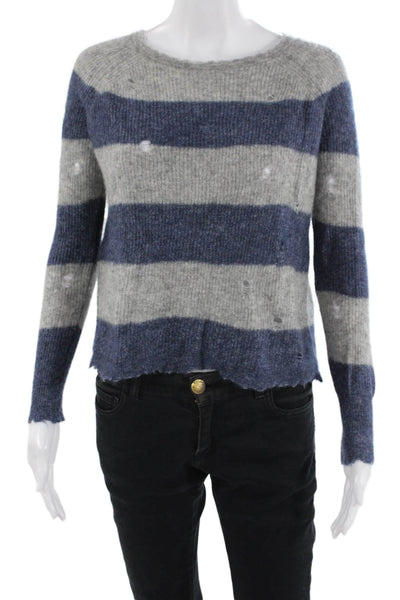Autumn Cashmere Women Pullover Dark Blue Striped Crew Neck Cashmere Silk Size S