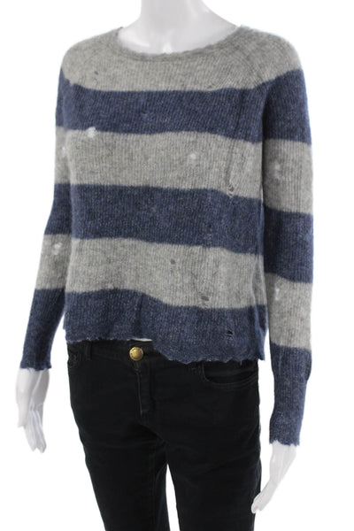 Autumn Cashmere Women Pullover Dark Blue Striped Crew Neck Cashmere Silk Size S