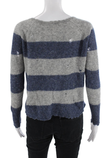 Autumn Cashmere Women Pullover Dark Blue Striped Crew Neck Cashmere Silk Size S
