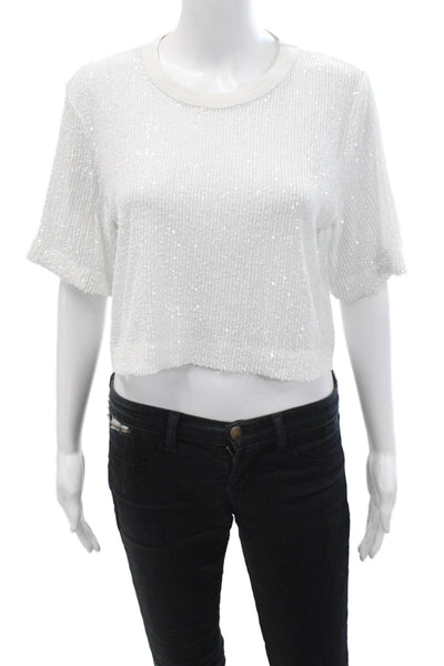 ITMFL, Women Cropped White Sequined Short Sleeve 80s T-Shirt Size S