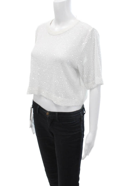 ITMFL, Women Cropped White Sequined Short Sleeve 80s T-Shirt Size S