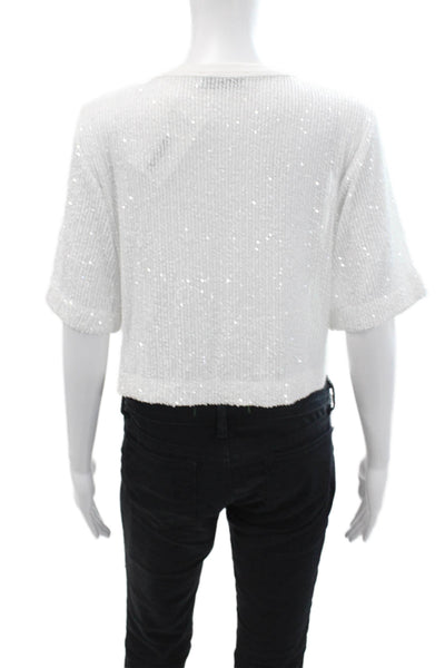 ITMFL, Women Cropped White Sequined Short Sleeve 80s T-Shirt Size S