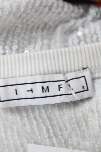 ITMFL, Women Cropped White Sequined Short Sleeve 80s T-Shirt Size S
