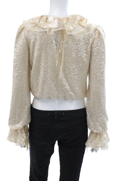 Antonio Melani Women Beige Cropped Blouse Long Sleeve Tie Closure Size XS