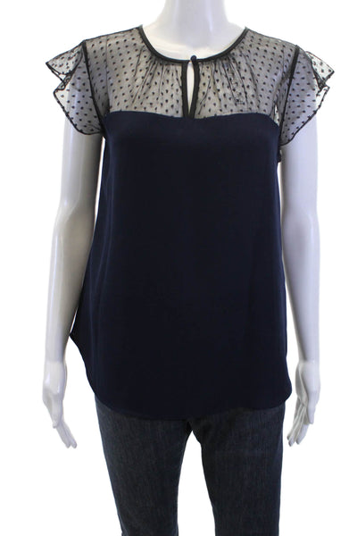 J Crew Women Dark Blue Polka Dot Round Neck Short Sleeve Button Blouse Size 4