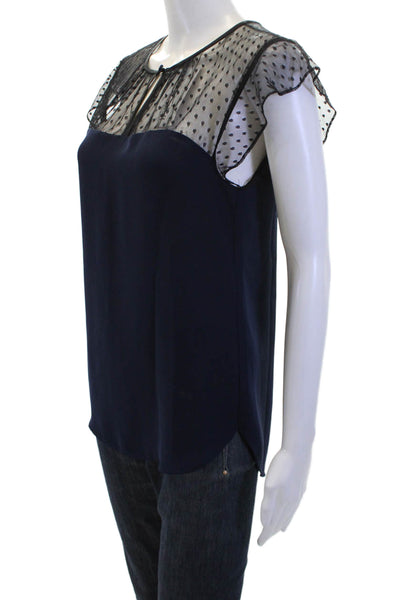 J Crew Women Dark Blue Polka Dot Round Neck Short Sleeve Button Blouse Size 4
