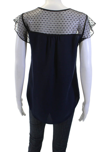 J Crew Women Dark Blue Polka Dot Round Neck Short Sleeve Button Blouse Size 4