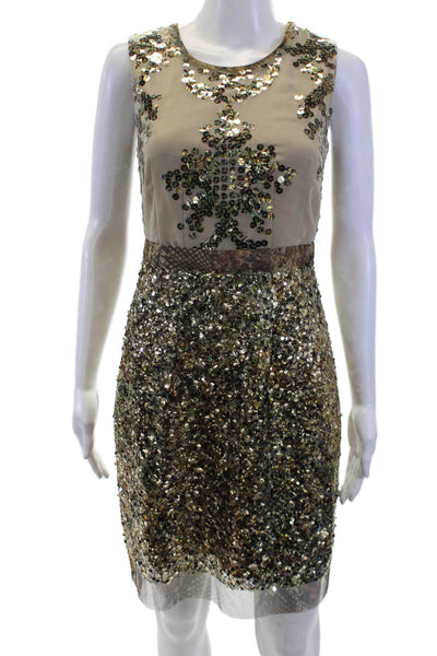 Elie Tahari Women Sheath Dress Beige Sleeveless Round Neck Knee Length Size 2
