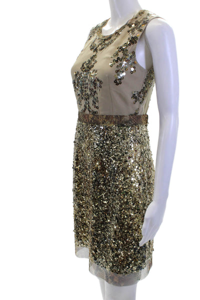 Elie Tahari Women Sheath Dress Beige Sleeveless Round Neck Knee Length Size 2