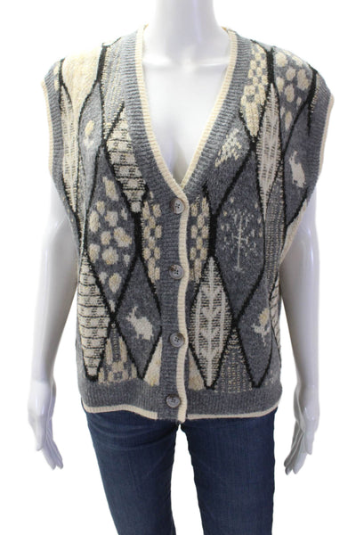 Urban Revivo Women Gray Argyle V-Neck Button Vest Size 2