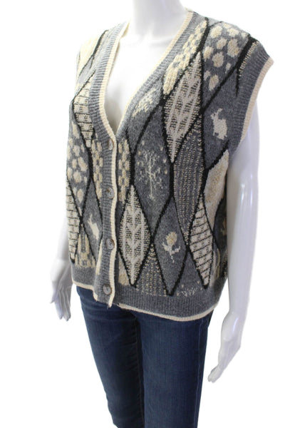 Urban Revivo Women Gray Argyle V-Neck Button Vest Size 2