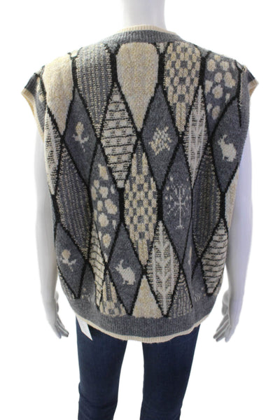 Urban Revivo Women Gray Argyle V-Neck Button Vest Size 2