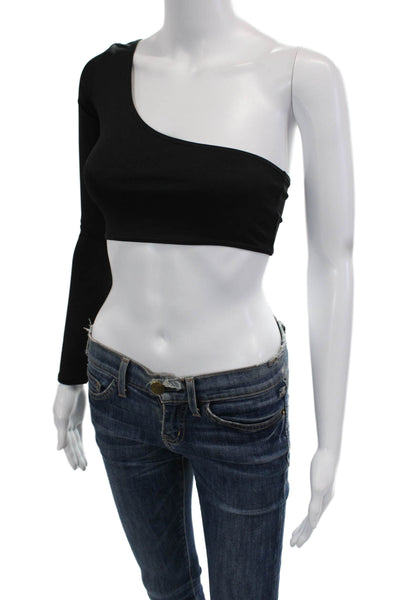 OW INTIMATES Women Cropped One-Shoulder Long Sleeve Top Black Size S
