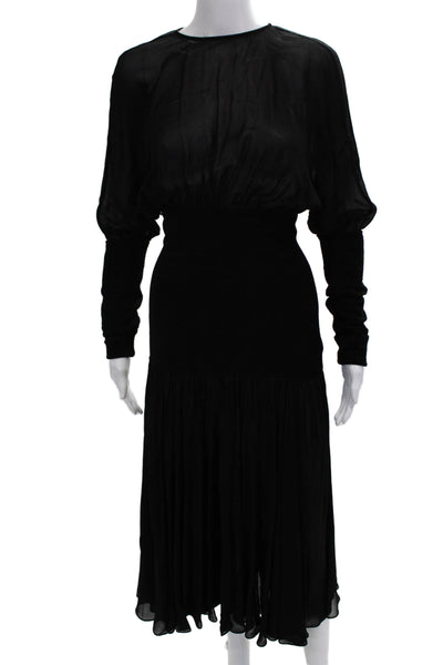 Alaia Women Blouson Black Mid-Calf Dress Round Neck Long Sleeve Size 38