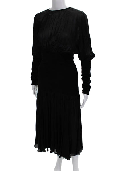 Alaia Women Blouson Black Mid-Calf Dress Round Neck Long Sleeve Size 38