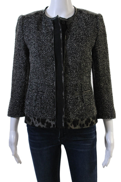 Elie Tahari Women Black Animal Print Virgin Wool Blend Blazer 3/4 Sleeve Size 2