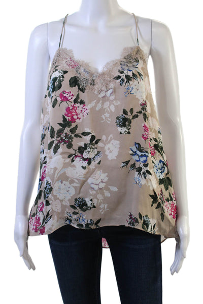 Cami NYC Women Beige 100% Silk V-Neck Floral Camisole Sleeveless Size L