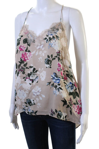 Cami NYC Women Beige 100% Silk V-Neck Floral Camisole Sleeveless Size L
