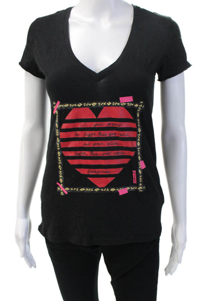 ATM Women Basic Black V-Neck Heart Graphic Cotton Short Sleeve T-Shirt Size S