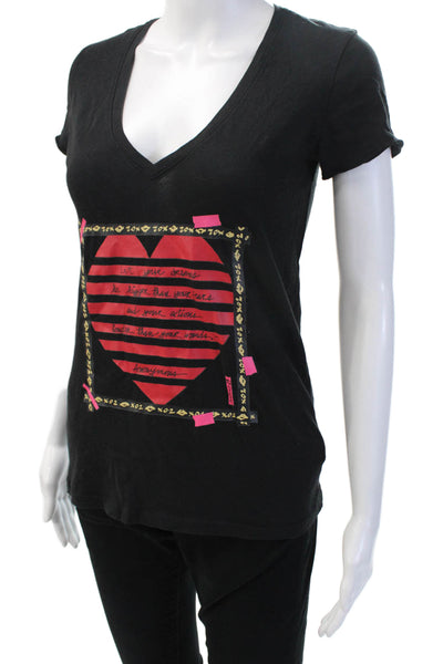 ATM Women Basic Black V-Neck Heart Graphic Cotton Short Sleeve T-Shirt Size S