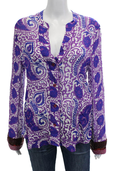 Zara Women Bohemian Purple Paisley V-Neck Button-Up Viscose Blouse Size S