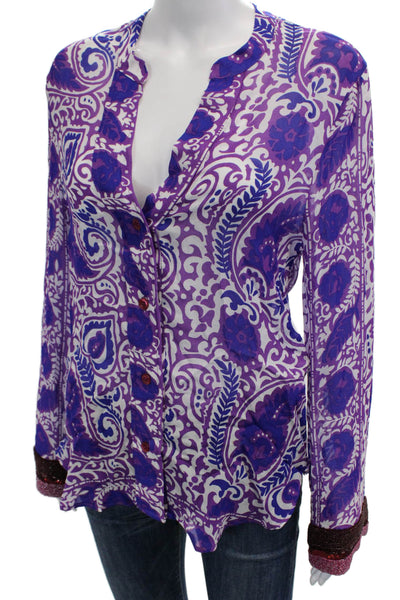 Zara Women Bohemian Purple Paisley V-Neck Button-Up Viscose Blouse Size S