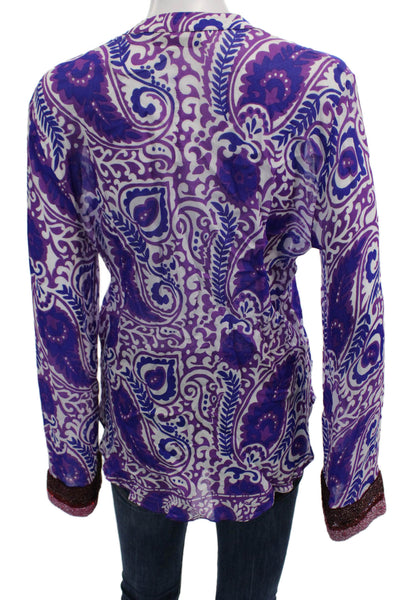 Zara Women Bohemian Purple Paisley V-Neck Button-Up Viscose Blouse Size S