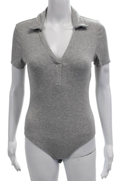 Aqua Women Basic Gray V-Neck Polo Short Sleeve Rayon Spandex Size S
