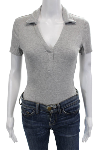 Aqua Women Basic Gray V-Neck Polo Short Sleeve Rayon Spandex Size S