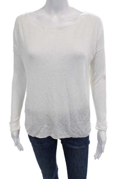 Theory Women White Basic Tee Long Sleeve Round Neck Linen Petite Size S