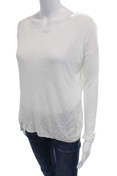 Theory Women White Basic Tee Long Sleeve Round Neck Linen Petite Size S