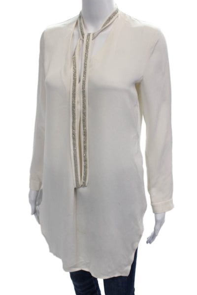 Halston Women Tunic White 100% Silk Long Sleeve Tie Neck Size 2