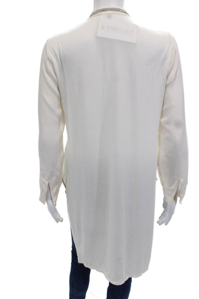 Halston Women Tunic White 100% Silk Long Sleeve Tie Neck Size 2