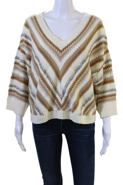 Anthropologie Women White V-Neck Geometric Pullover Sweater 3/4-Sleeve Size XS