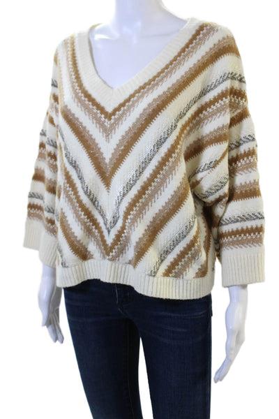 Anthropologie Women White V-Neck Geometric Pullover Sweater 3/4-Sleeve Size XS