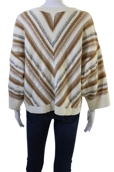 Anthropologie Women White V-Neck Geometric Pullover Sweater 3/4-Sleeve Size XS