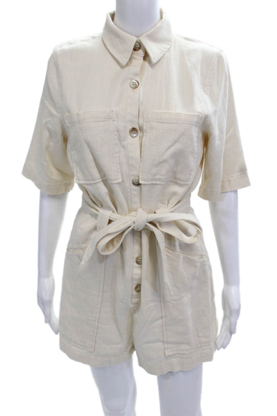 Zara Women Collared Short Sleeve Jumpsuit Beige Cotton Size S