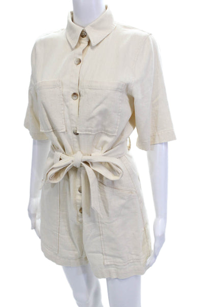 Zara Women Collared Short Sleeve Jumpsuit Beige Cotton Size S