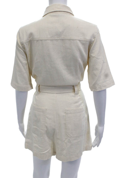 Zara Women Collared Short Sleeve Jumpsuit Beige Cotton Size S