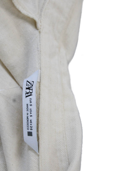 Zara Women Collared Short Sleeve Jumpsuit Beige Cotton Size S